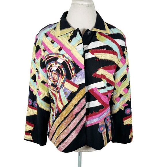 Sandy Starkman Button Jacket Art to Wear Black Colorful Boho Patchwork Size XL - Picture 1 of 9